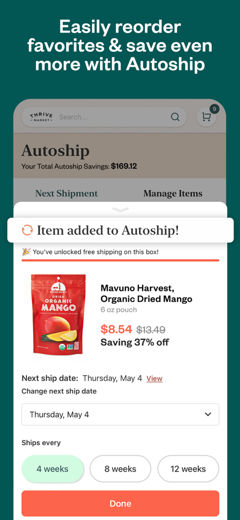 Thrive Market app interface for managing autoship subscriptions and grocery savings