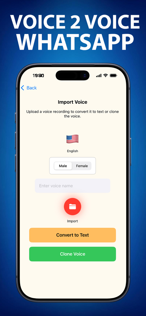 Interfaz de la aplicación Fake Voice que muestra la importación de voz para clonación y conversión de texto