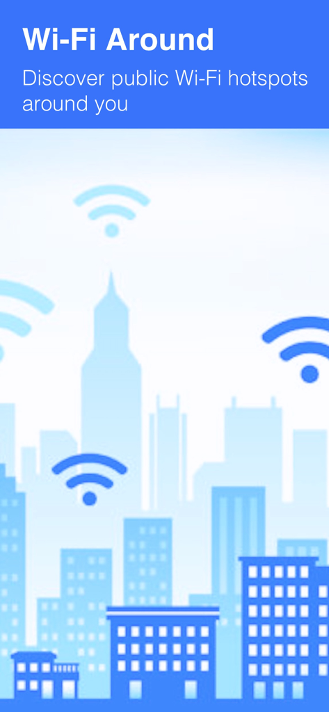 Banner de la aplicación WiFi Around con un horizonte urbano y símbolos de wifi público