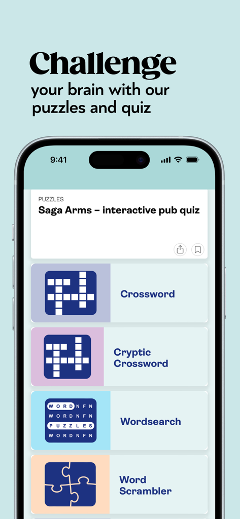 Pantalla de la aplicación Saga Magazine mostrando puzles de entrenamiento cerebral como crucigramas y sopas de letras