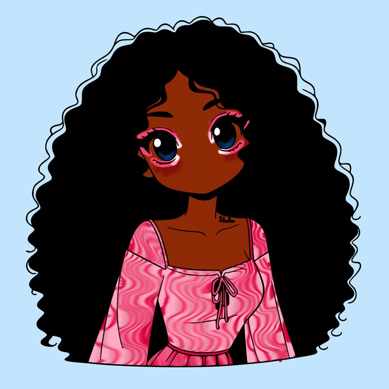 a black anime girl with long afro hair