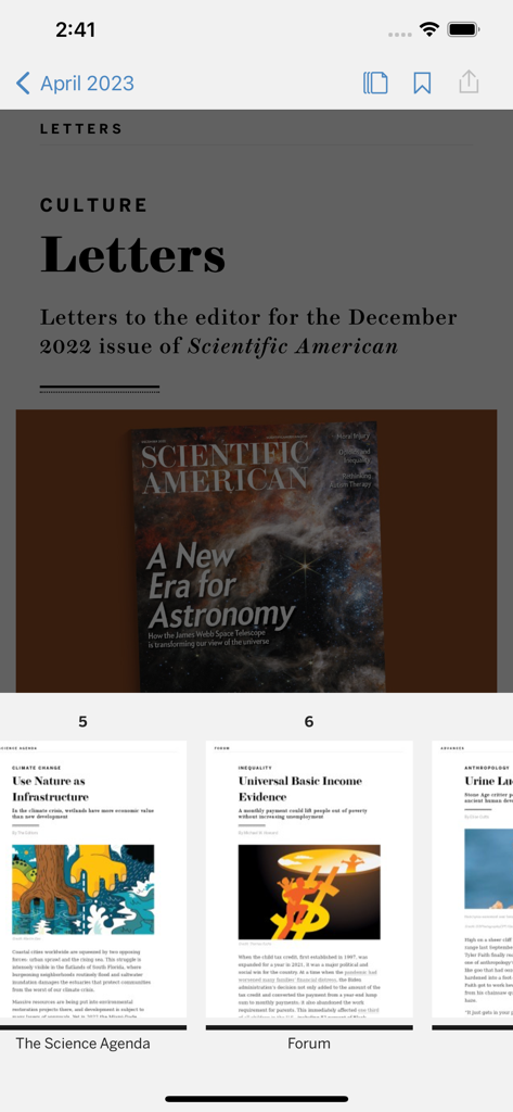 Scientific American - The Scientific American app showing an issue cover and article previews on science and culture.