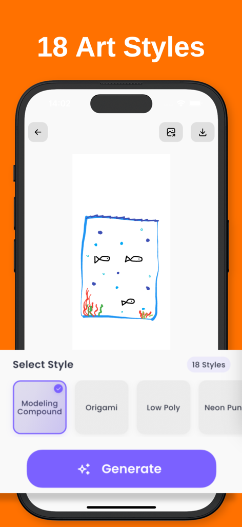 Drawing to Image - Sketch AI - Sketch AIのモバイルインターフェースで、和紙風やローポリなどの様々なアートスタイルを選択できるオプションが表示された、手描きの金魚鉢のスケッチ画面