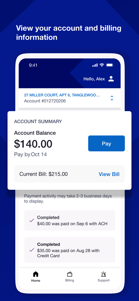 National Grid mobile app interface showing account balance billing summary and payment history