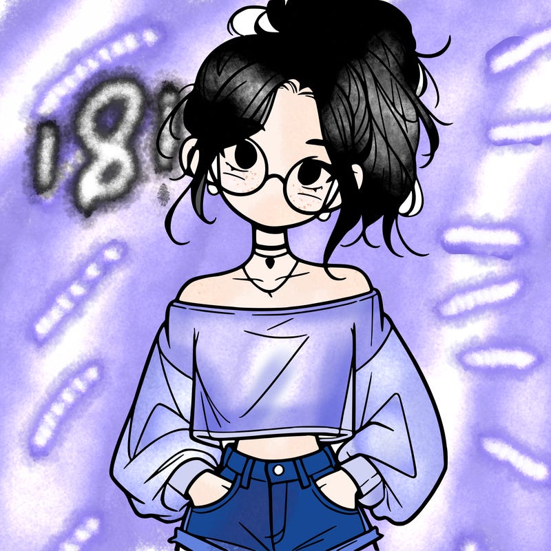 girl with a messy ponytail glasses a baggy crop top and jean shorts