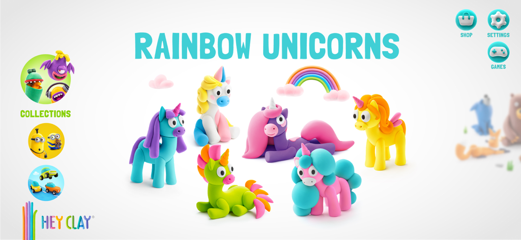 HEY CLAY® - HEY CLAY app screen showing various colorful clay unicorn characters from the Rainbow Unicorns collection