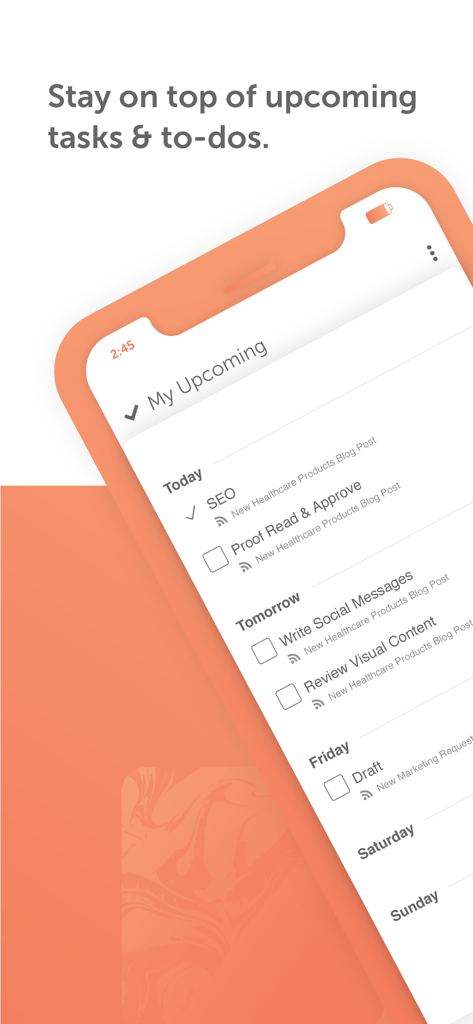 Interface of the CoSchedule app showing upcoming marketing tasks and to-dos
