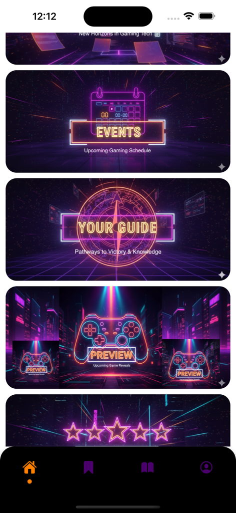 Gamezawy Magazine - Pantalla de inicio de Gamezawy Magazine con secciones temáticas de neón para eventos de videojuegos, guías y avances