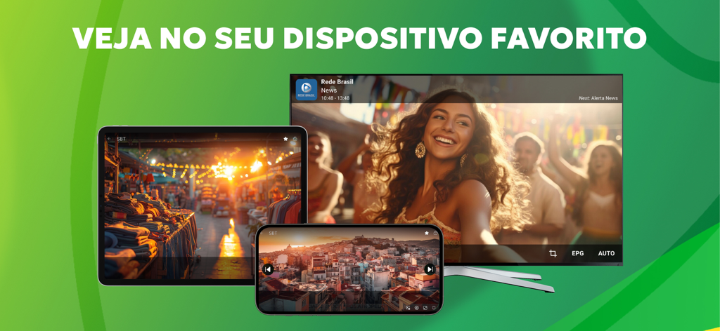 Interfaz de transmisión de TV Brasil que se muestra en una pantalla de teléfono inteligente, tableta y televisor inteligente con texto en portugués