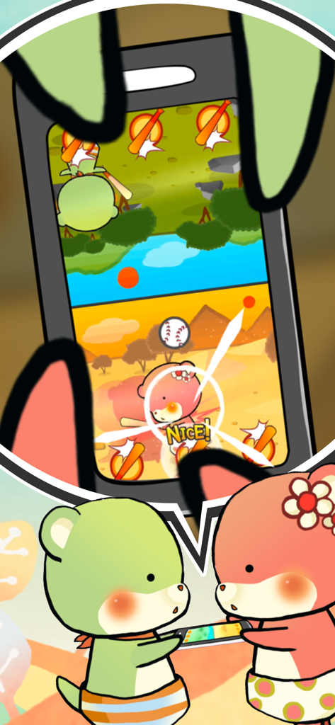 Duel Otters - Two cute cartoon otters playing a competitive baseball mini-game on a single smartphone screen.