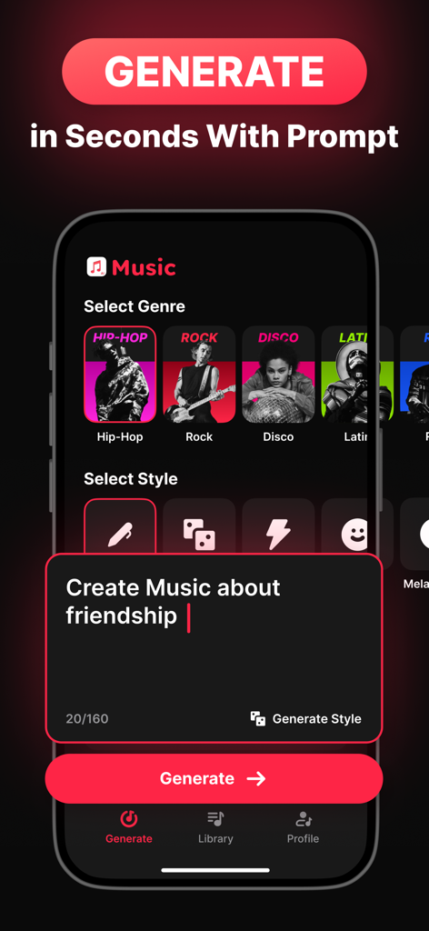 AI Music Maker: Make Own Song - AI Music Maker app screen showing how to generate a song by selecting a genre and entering a text prompt