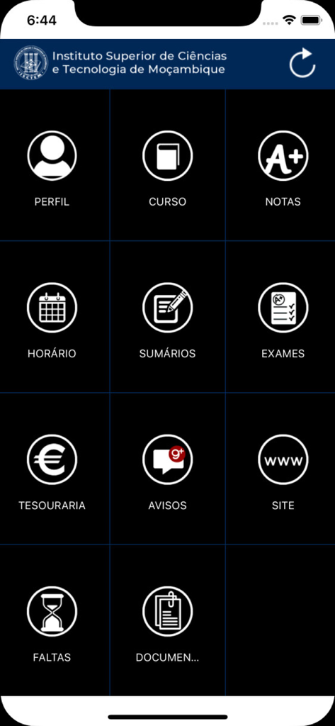 ISCTEM Mobile app main menu featuring icons for grades, schedules, exams, and student services.