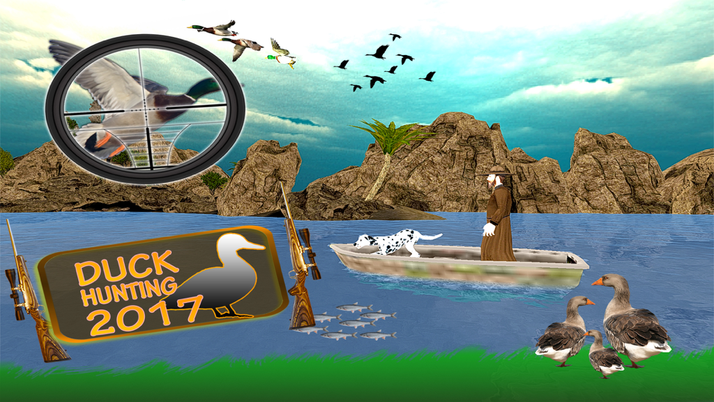 Vista previa de la jugabilidad de Juegos de Caza de Patos Real 3D mostrando a un cazador en un bote y una mira telescópica apuntando a patos voladores