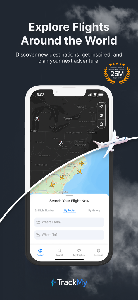 항공편 경로 및 실시간 레이더 지도로 내 항공편 추적 앱 인터페이스 보기