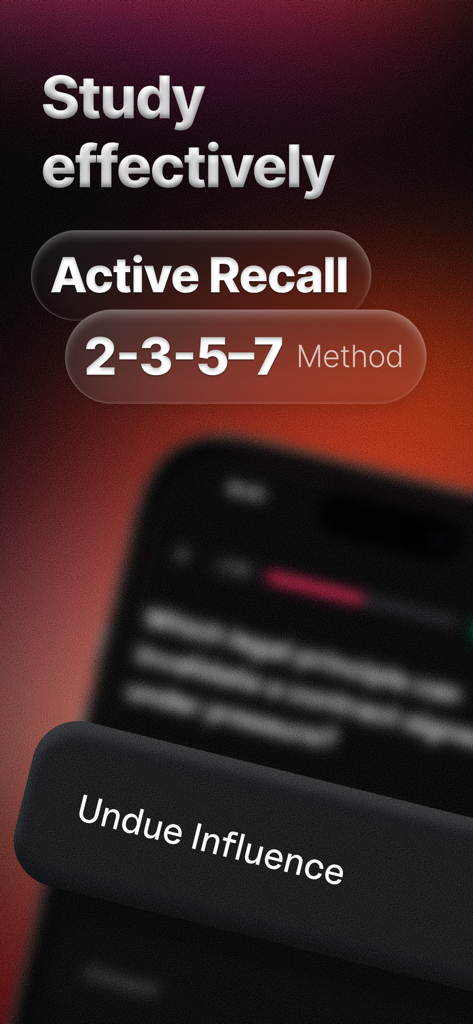 Testopia: AI Quiz & Flashcards - Interfaz de la aplicación Testopia promoviendo el estudio efectivo usando repaso activo y el método 2-3-5-7.