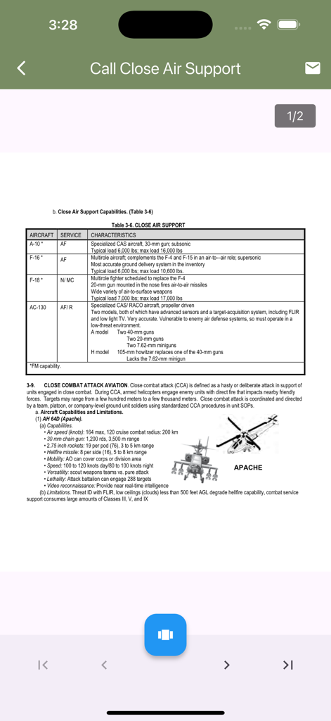 Army Ranger Handbook Trainer - Table of close air support aircraft and Apache helicopter specifications in the Army Ranger Handbook Trainer app
