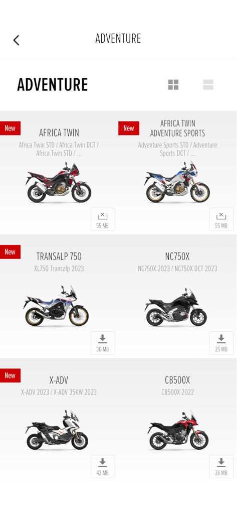 Catálogo de motos de aventura Honda en la aplicación móvil