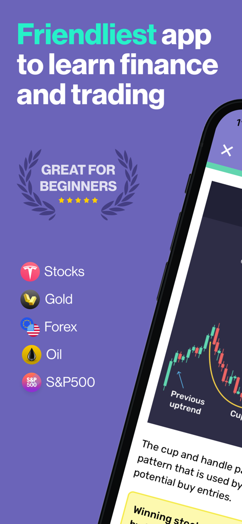 Stock Market Simulator & Game - Promotion d'une application de simulateur de bourse montrant des actifs comme les actions, le forex et le pétrole pour les débutants
