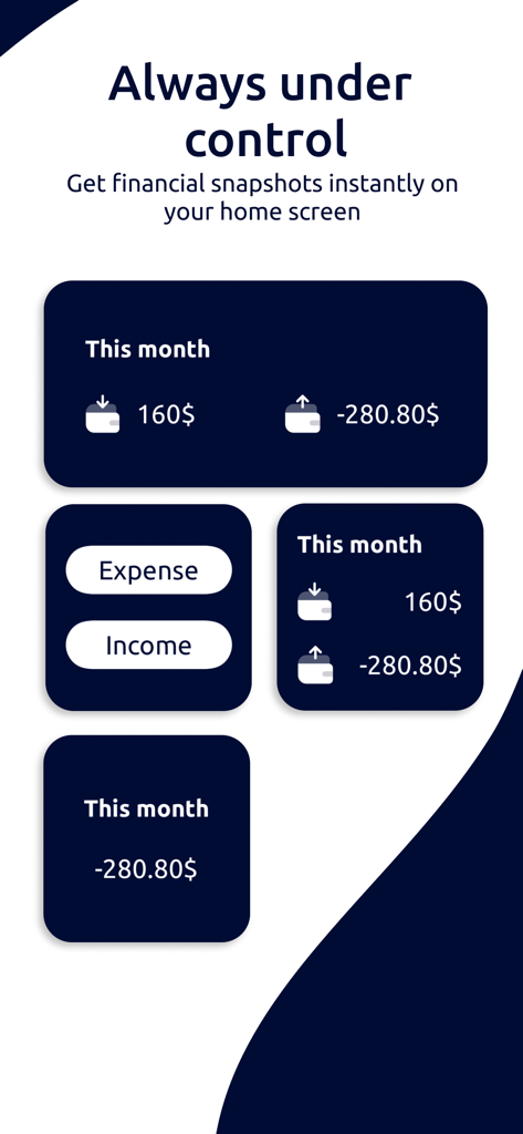Moneye - Money Manager - Moneye app financial snapshot widgets for tracking expenses and income on iPhone