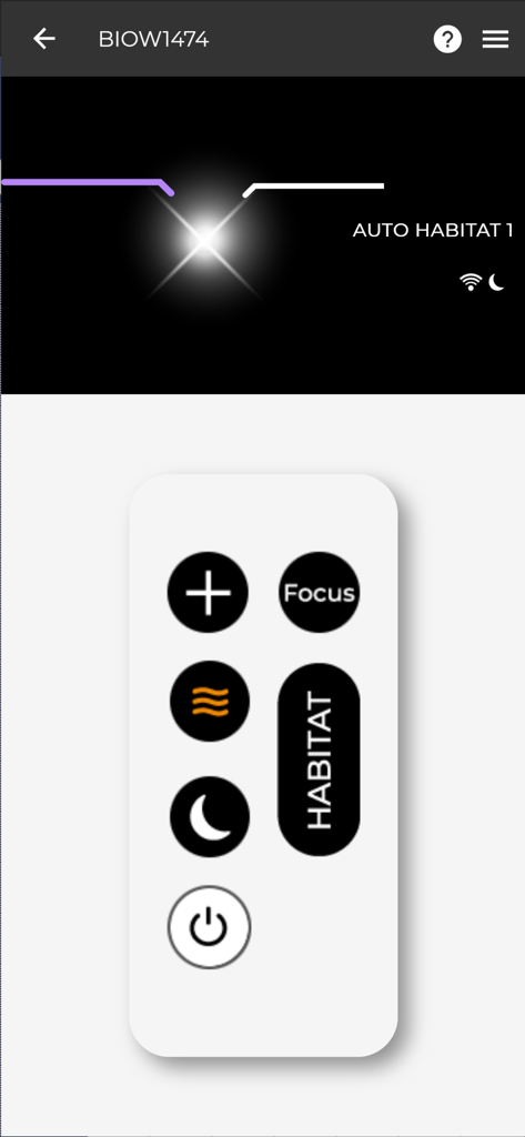 Biow - Interfaz de control remoto digital en la aplicación Biow para administrar la purificación del aire y la configuración de oxigenación celular.
