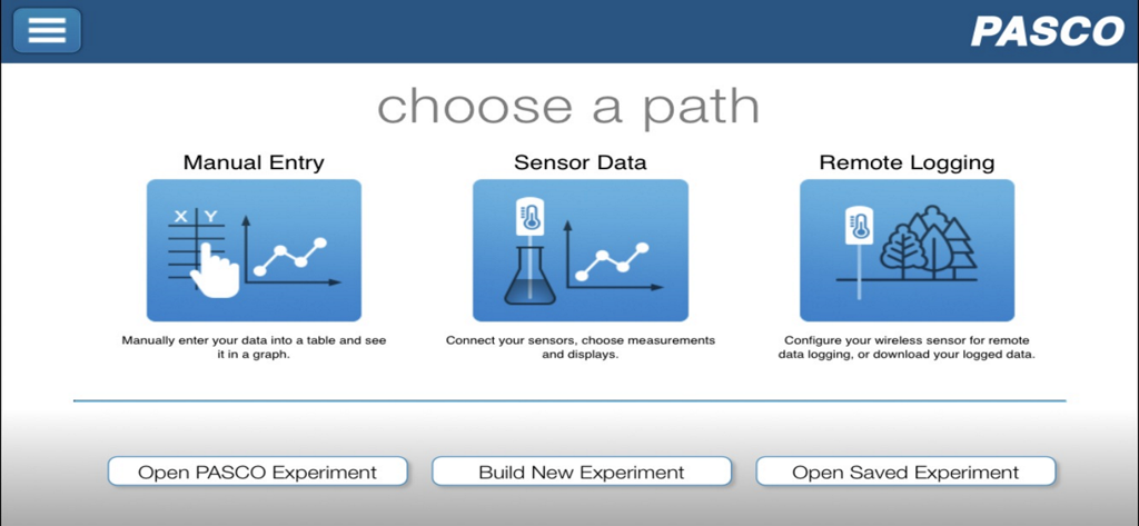 SPARKvue - Interface of the SPARKvue app showing options for manual entry sensor data and remote logging experiments