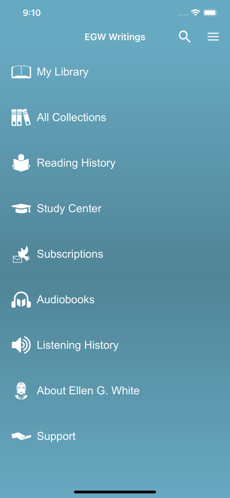 EGW Writings 2 - Menu de navegação principal do aplicativo EGW Writings 2 mostrando opções para coleções de biblioteca e ferramentas de estudo