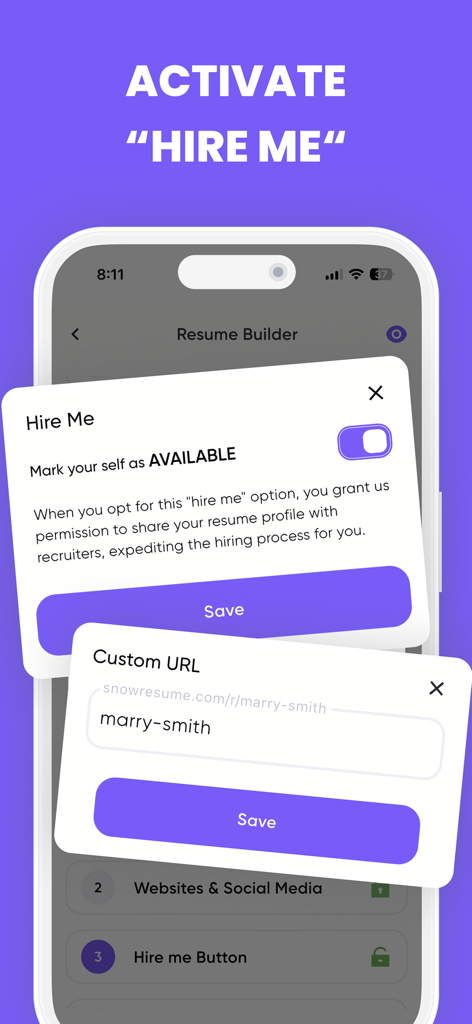 Screen showing the Hire Me activation toggle and custom URL field in the Resume io app