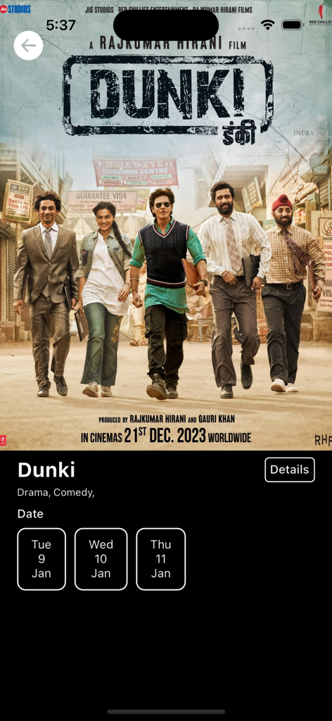 Lion Cinemas app interface showing movie details and showtime dates for the film Dunki