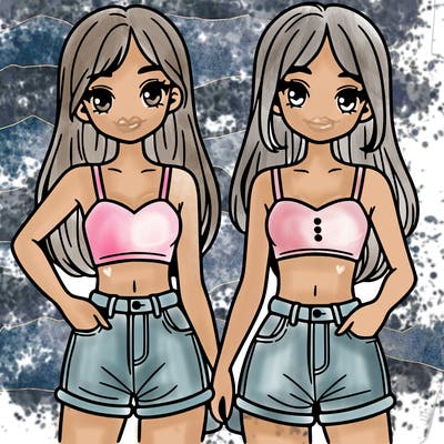 two sisters with crop tops and jean shorts and straight hair