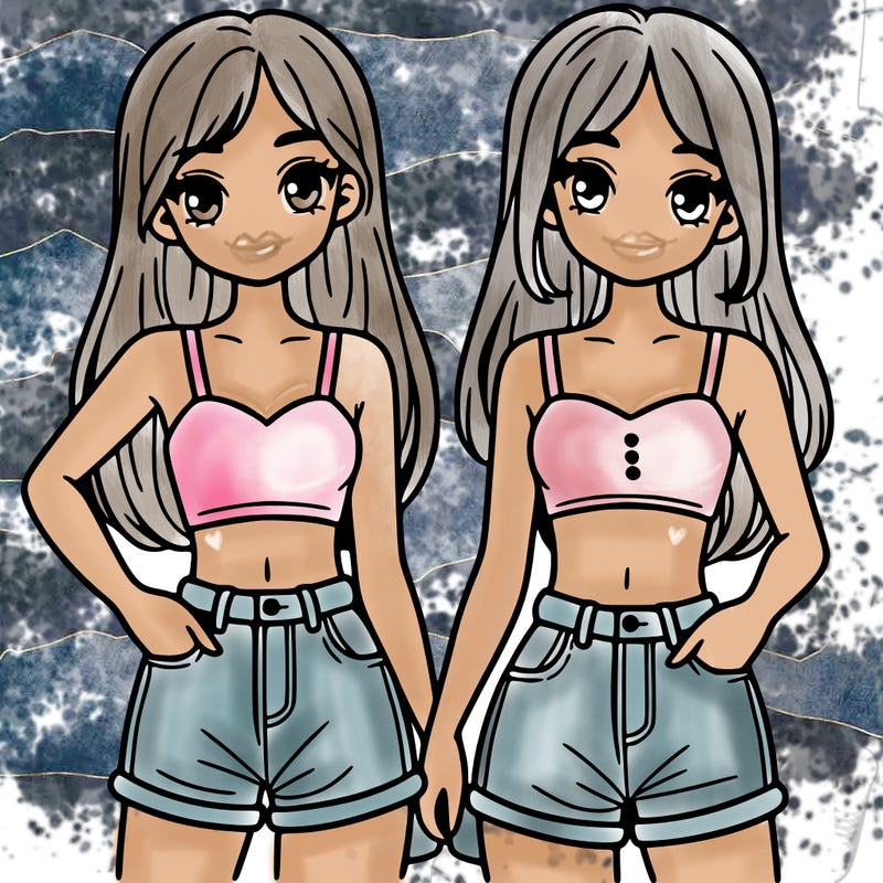 two sisters with crop tops and jean shorts and straight hair