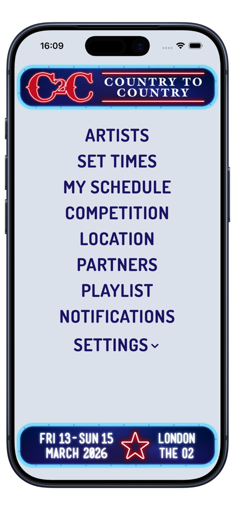 Menu principal do aplicativo C2C Country to Country Festival com line-up de artistas e horários de shows para o evento O2 de Londres