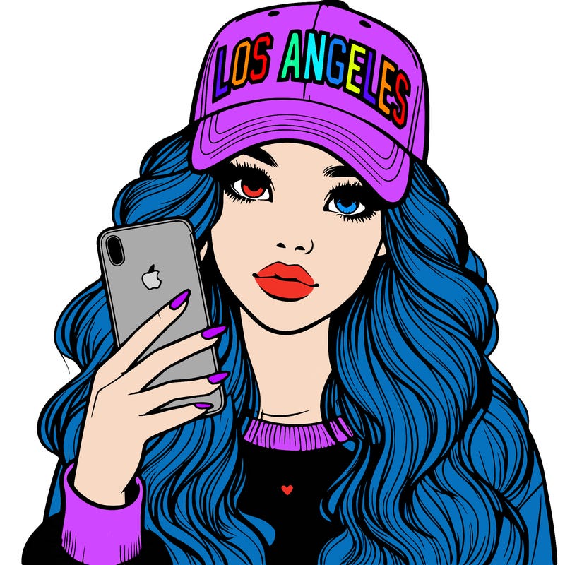 realistic beautiful girl wearing los ángeles cap holding an iphone