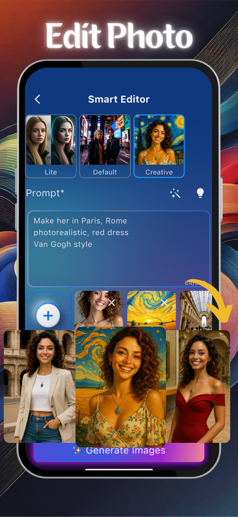 Aethia AI Photo & Video Editor - Interface do aplicativo Aethia AI mostrando geração de texto para imagem com estilos artísticos fotorrealista e Van Gogh