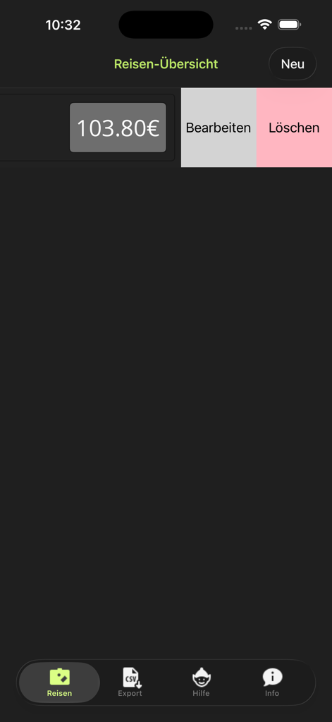 VMA Rechner NE - Tela de visão geral da viagem do aplicativo VMA Rechner NE mostrando cálculo de despesas de viagem e opções de gerenciamento