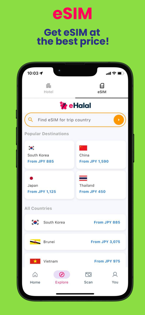 eHalal-Halal Scanner/eSIM - eHalal app interface displaying travel eSIM plans for international destinations like Japan and South Korea