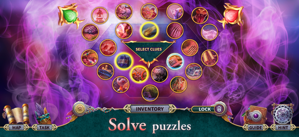 Knight Cats 3: Solve Mystery - A magical puzzle interface in Knight Cats 3 where players select various item clues against a purple swirling background.