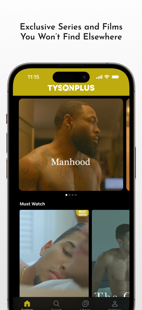 TysonPlus - Die TysonPlus Mobile App Benutzeroberfläche, die exklusive Filme und Serien wie Manhood für die schwarze Queer-Community anzeigt