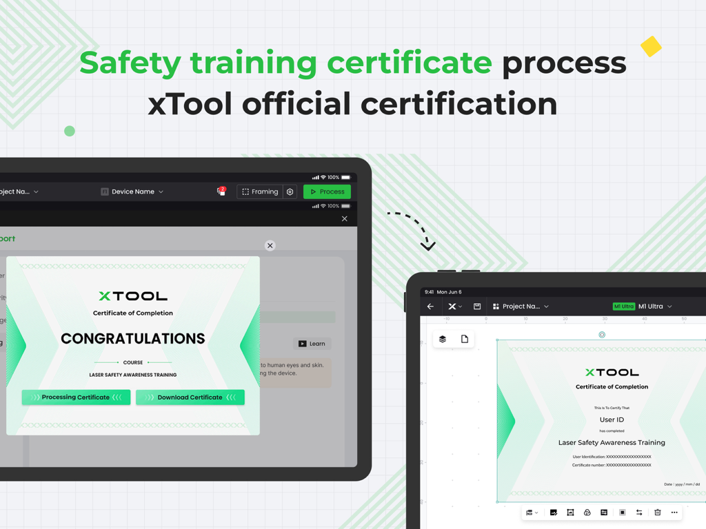xTool Creative Space - Die xTool Creative Space App zeigt auf einem iPad-Bildschirm ein Zertifikat über den Abschluss einer Schulung zur Lasersicherheit.