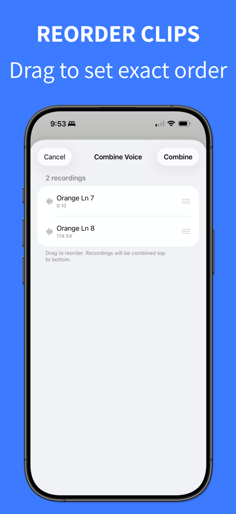 Combine Voice Memos + - 사용자가 정확한 순서를 설정하기 위해 녹음을 드래그 앤 드롭할 수 있는 클립 재정렬 기능을 보여주는 iPhone 화면