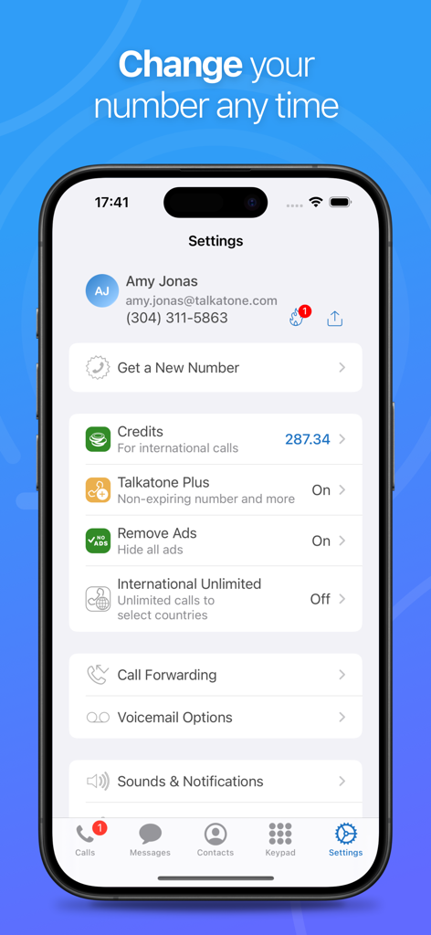 Talkatone app settings menu showing options for getting a new phone number and managing call features