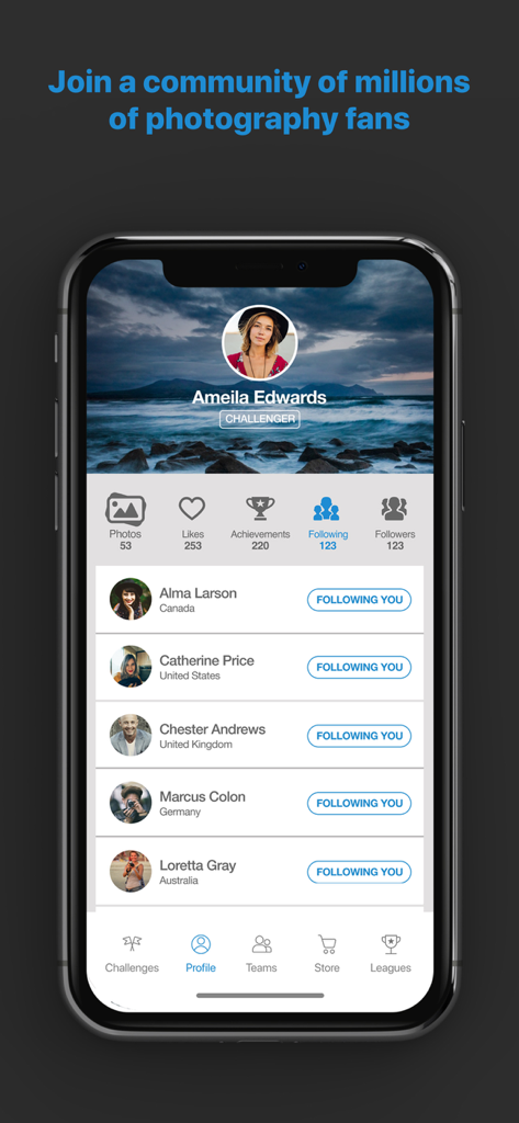 GuruShots: Photography Game - A profile screen in the GuruShots app displaying user statistics and a list of followers within the photography community.
