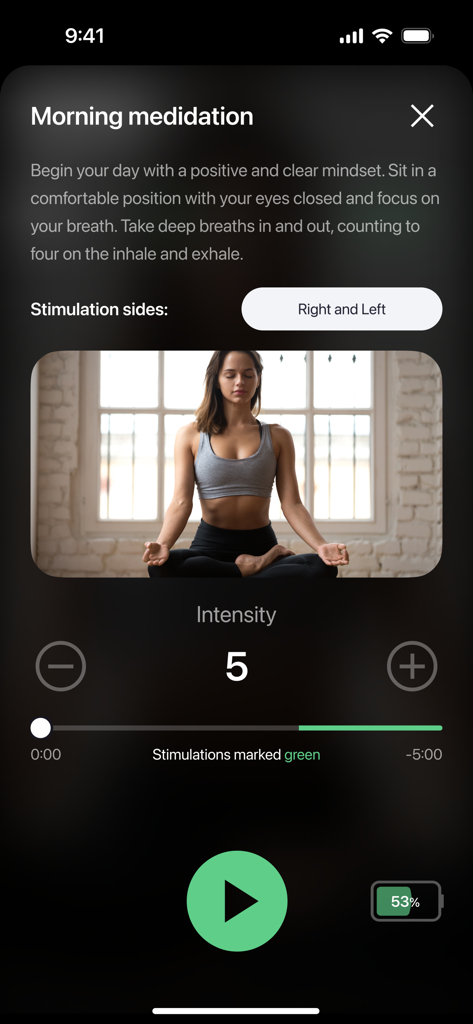 Pulsetto App-Bildschirm mit Anweisungen zur Morgenmeditation und Einstellungen zur VNS-Stimulationsintensität.