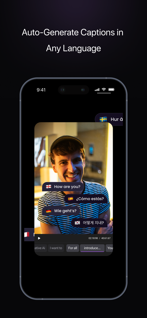 Pantalla de smartphone que muestra la aplicación Capzy traduciendo subtítulos de vídeo a varios idiomas