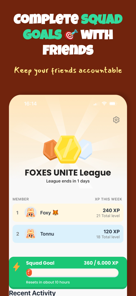 Gamified Workouts: Snapfit - Interface of Snapfit app showing the Foxes Unite League leaderboard with squad goals and XP progress of members.
