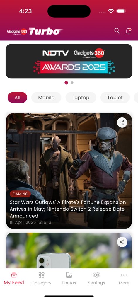 Gadgets360 Turbo mobile app home screen showing gaming news and tech categories