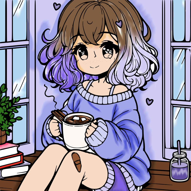 cute anime girl reading book and drinking hot chocolate from mug with loose wavy hair wearing a baggy sweatshirt and shorts sitting by windowsill looking out