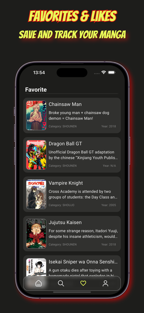 Manga and Anime Comic Reader - Mobile app interface showing the favorites section with a list of saved manga titles including Chainsaw Man and Jujutsu Kaisen
