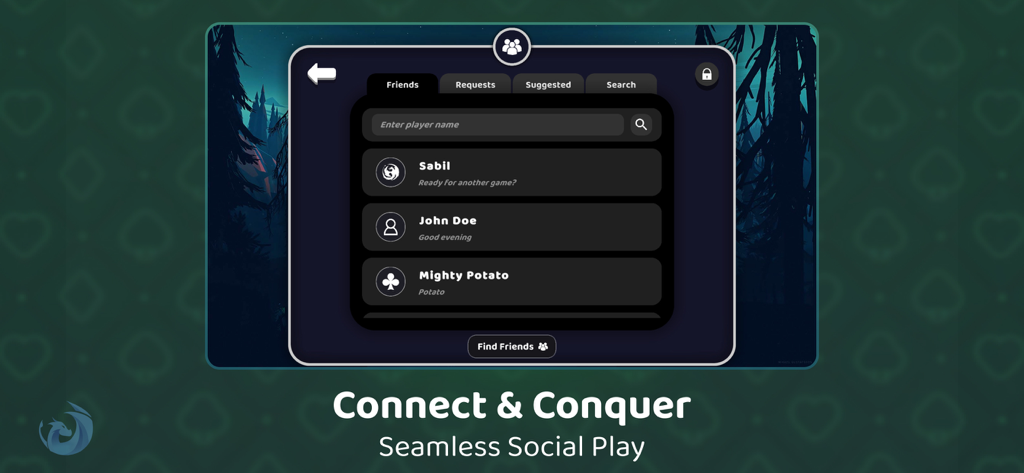 Whist Cards - Schermata della lista amici dell'app Whist Cards che mostra le funzionalità di connessione multiplayer social