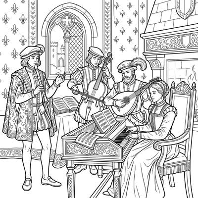 Immerse yourself in the world of Renaissance music with this intricate coloring page featuring musicians playing historical instruments. Delight in bringing to life their elaborate costumes and the richly decorated setting of a grand concert.
