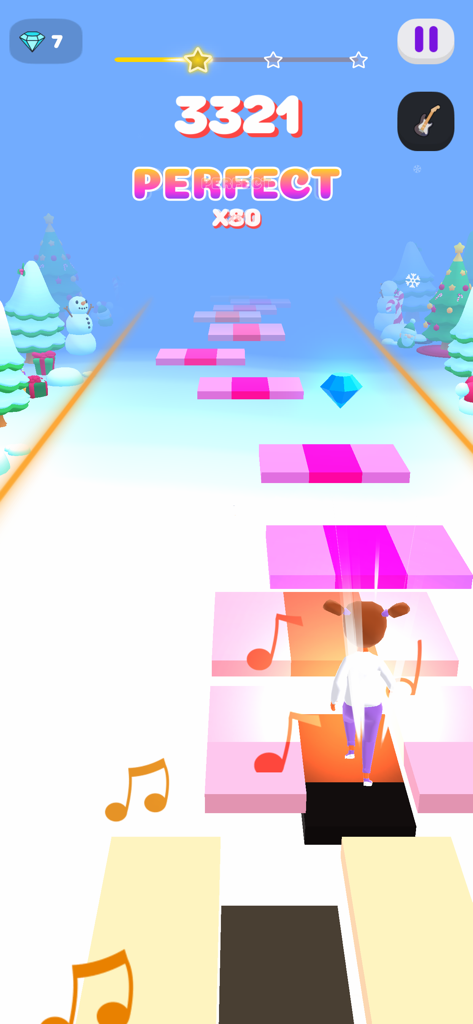 Melody Run - Cute Piano Game - A character jumping on musical tiles in a winter themed level of the Melody Run rhythm game